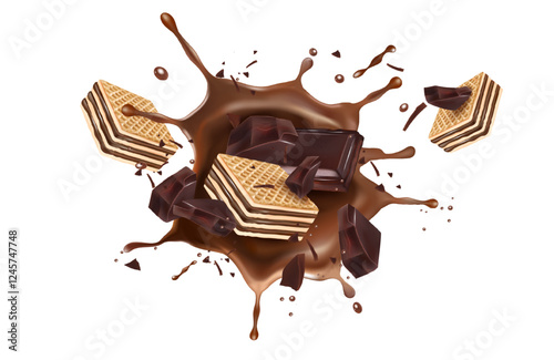 Wafer chocolate with chocolate liquid splashing in the middle isolated on white background, Vector realistic in 3d illustration.