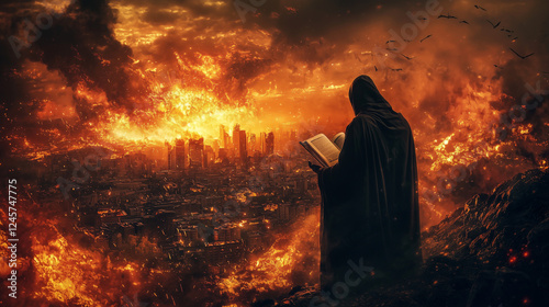 A fiery sky with angelic and demonic figures clashing in battle, as a city crumbles below. A mysterious robed figure watches from the shadows, holding an ancient prophecy book. photo