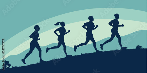 Silhouette of People Running Up Hill, Outdoor Fitness, Healthy Lifestyle, Exercise, Vector Illustration