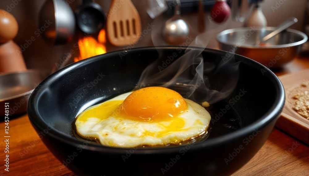 Perfectly Cooked Sunny Side Up Egg in Black Bowl Perfectly Cooked Sunny Side Up Egg in Black Bowl