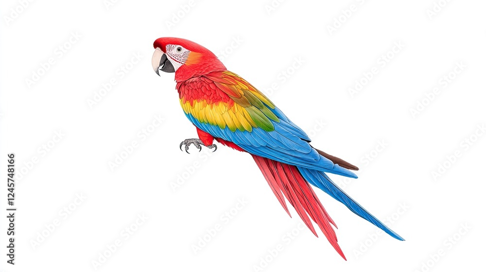 Obraz premium Vibrant Scarlet Macaw Perched Gracefully Against a White Background, Showcasing Its Colorful Feathers