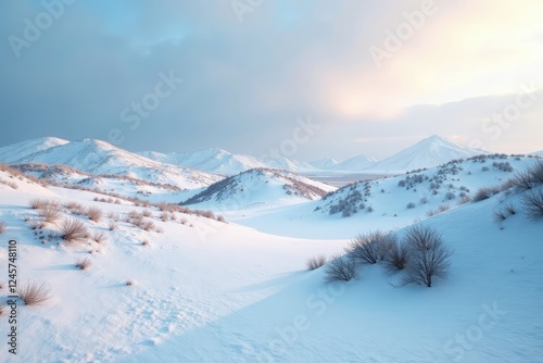 Snowy hummocks on a lifeless highland plateau, highland plateau, , winter scenery
