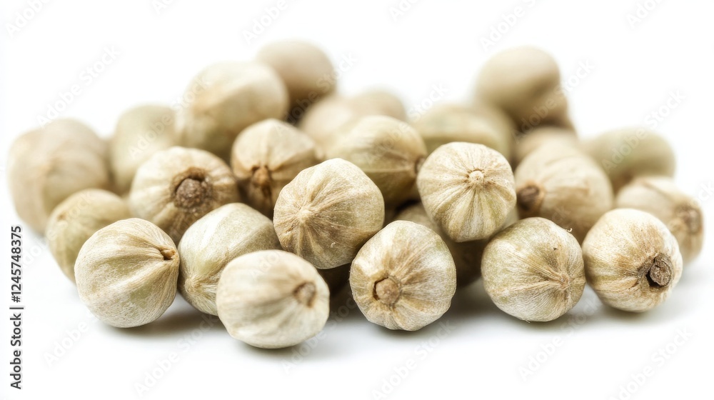 A close-up view of scattered light brown coriander seeds on a clean white background, showcasing their unique shape, texture, and natural color for culinary and herbal uses A close-up view of scattered light brown coriander seeds on a clean white background, showcasing their unique shape, texture, and natural color for culinary and herbal uses