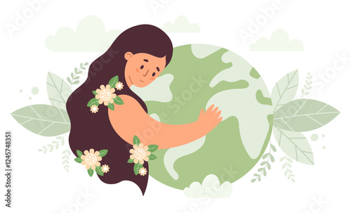 Woman with long hair and flowers hugs green planet Earth. Eco friendly Nature and environmental care. Earth Day. Female character mother earth. Vector illustration