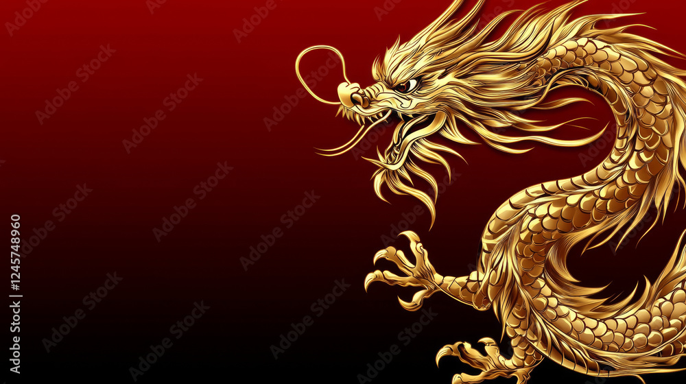 Golden dragon on red background, symbolizing power Golden dragon on red background, symbolizing power