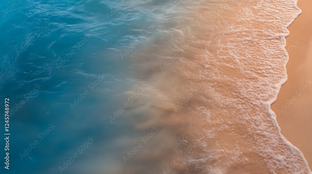 Fototapeta premium Serene beach scene with gentle waves lapping at the sandy shore during sunset, evoking tranquility