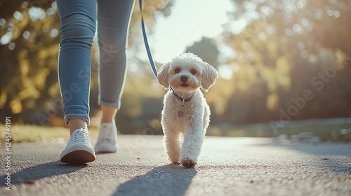 Fototapeta Naklejka Na Ścianę i Meble -  Cute little dog on leash walks next to its owner in park