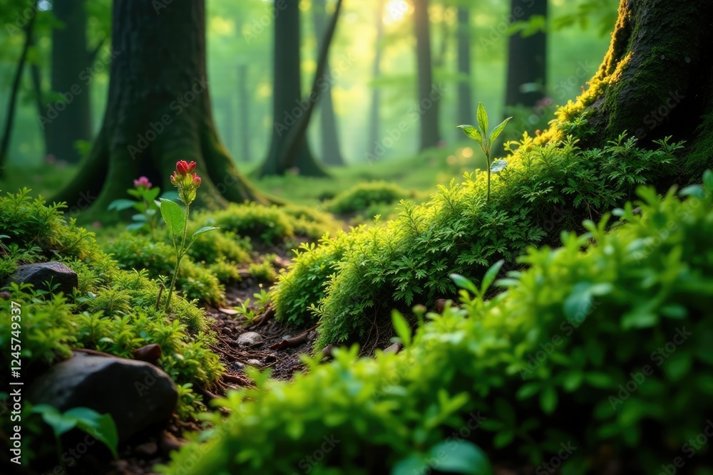 Overgrown with wild moss and Pilea microphylla, forest ecosystem, wilderness, plant growth Overgrown with wild moss and Pilea microphylla, forest ecosystem, wilderness, plant growth