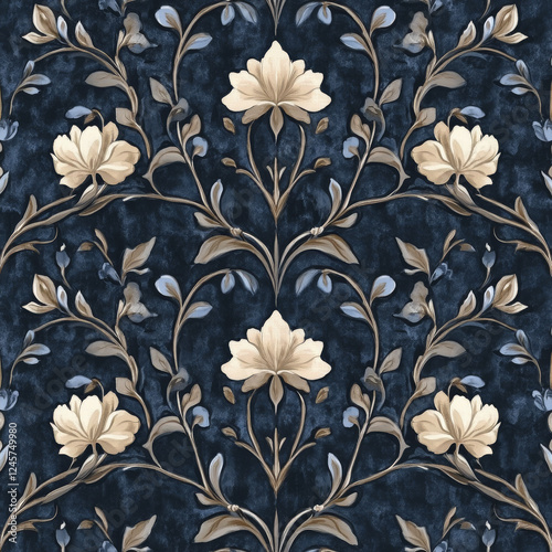 Elegant floral pattern with beige flowers on dark background