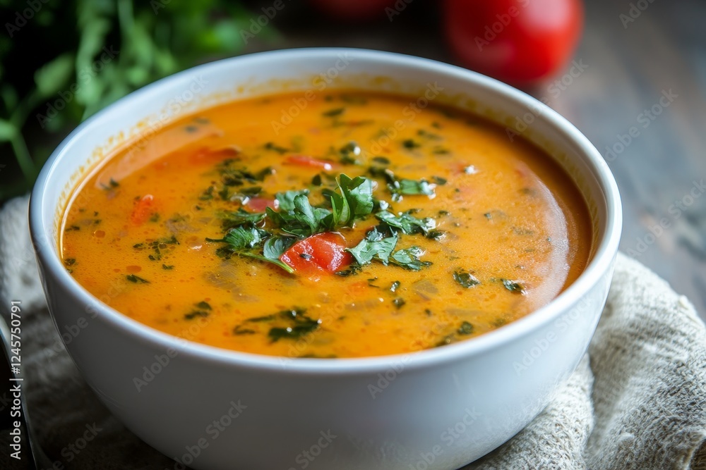 Tomato soup bowl, herbs, kitchen, rustic wood Tomato soup bowl, herbs, kitchen, rustic wood