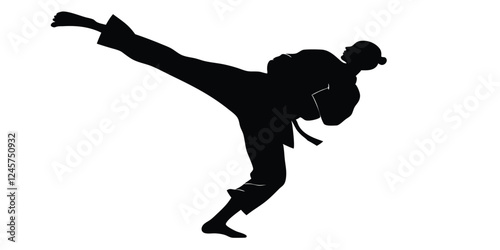 Silhouette of Martial Artist Performing a High Kick | Karate, Taekwondo, or Kung Fu | Action Pose | Black and White Image