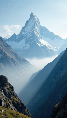 Snowy peaks of Grand Jorasses amidst misty mountain landscape, mist, mont blanc massif, rugged terrain photo