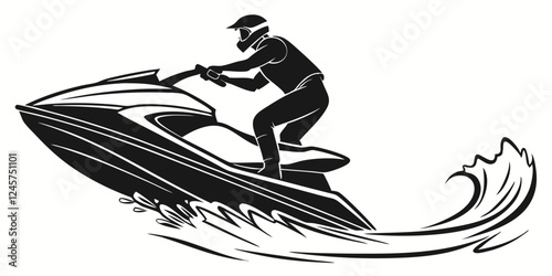 Jet Ski Rider Vector Illustration: Person on Watercraft, Black and White Graphic, Water Sports, Recreation, Summer Fun, Adventure Icon