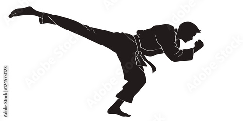 Karate Kick Silhouette: Martial Arts Action, Fighter in Motion, Black Belt Training, Dynamic Combat Stance, Self-Defense Technique Illustration