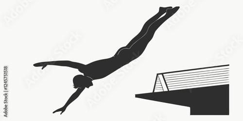 Silhouette of Diver Leaping from Diving Board, Sports Illustration, Black and White Graphic Design, Aquatic Sport, Dive Art