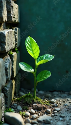 Verde planta creciendo entre bloques de piedra, muro, verde, azul photo