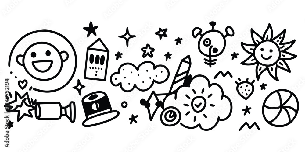 Obraz premium Doodle Art: Hand-Drawn Icons of a Happy Face, Sun, Clouds, Stars, Strawberry, Candy, & More Whimsical Black & White Vector Clipart Illustration