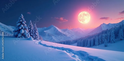 Fototapeta Naklejka Na Ścianę i Meble -  Snowy landscape with the moon shining down on a blanket of white, moon, glow, sky