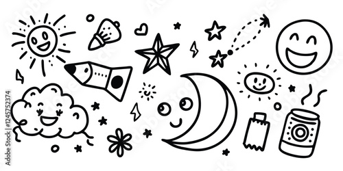 Cute Doodle Set: Sun, Moon, Stars, Cloud, Rocket, Coffee Cup, and Smiley Face Vector Illustration for Kids and Creative Projects