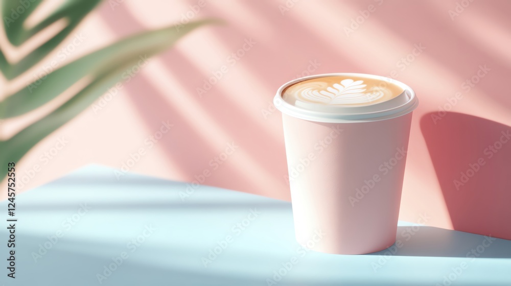 Stylish pink coffee cup on colorful surface. Stylish pink coffee cup on colorful surface.