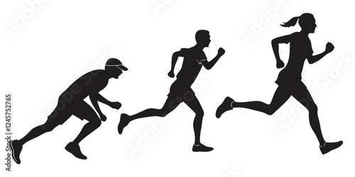 Silhouette Runners: Three Athletes in Motion, Black and White Vector Illustration, Running Poses, Fitness Graphics