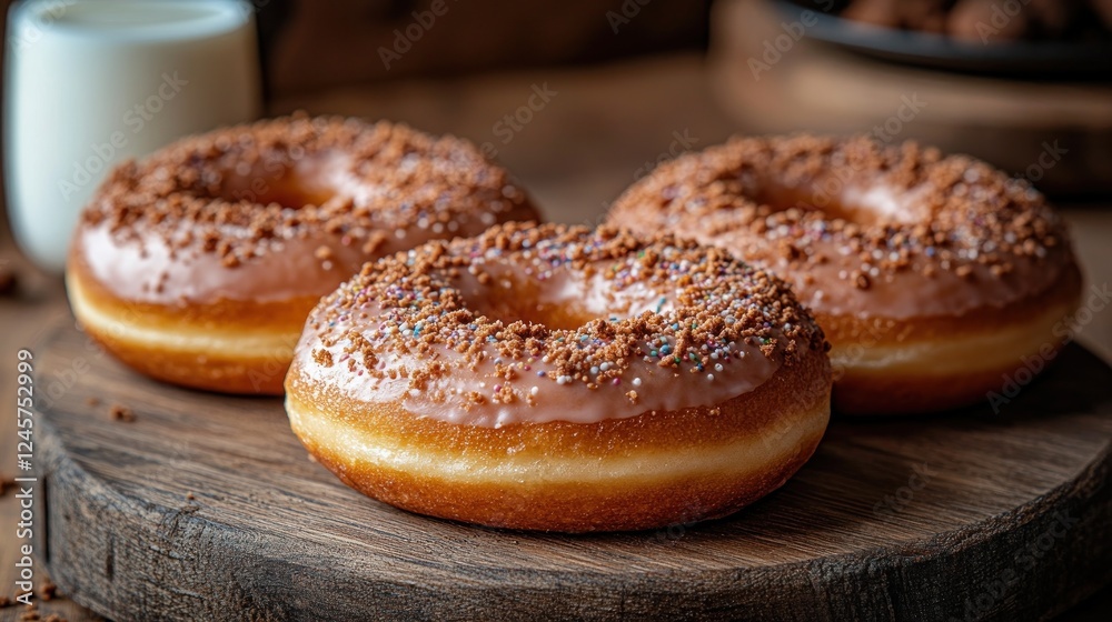 Chocolate donuts, milk, wooden board, kitchen Chocolate donuts, milk, wooden board, kitchen