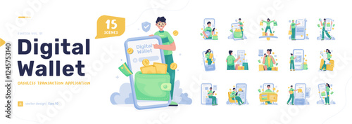 Illustration set of digital wallet application, Cashless payment transaction vector design