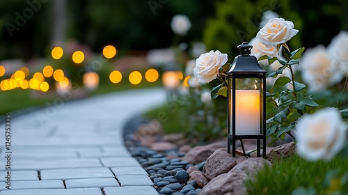 Serene garden pathway illuminated by lanterns and roses, creating a romantic evening ambiance photo