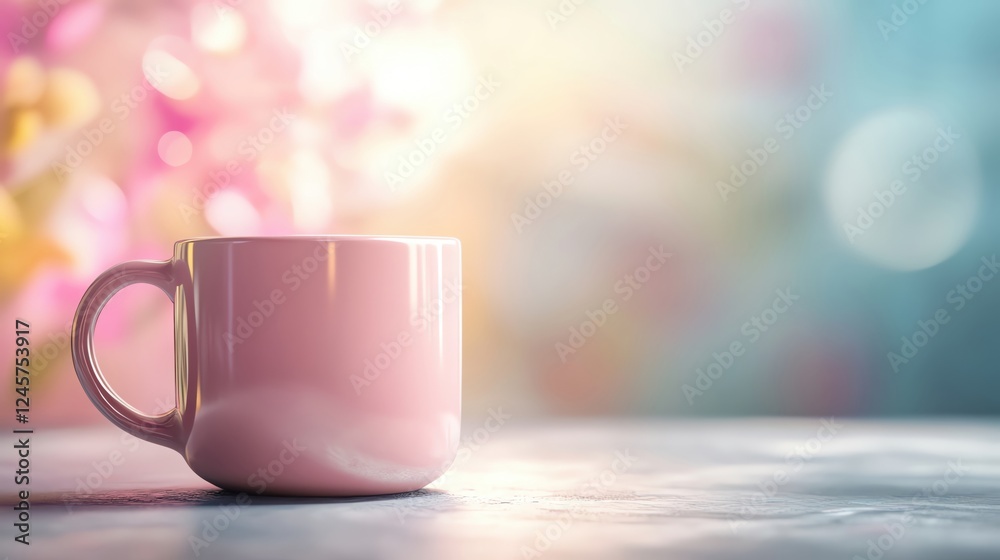 Fototapeta premium Pink cup on a blurred colorful background.