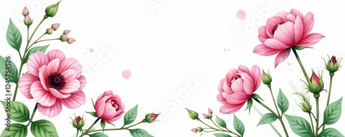 Delicate pink & green watercolor roses, anemones & leaves , abstract, botanical