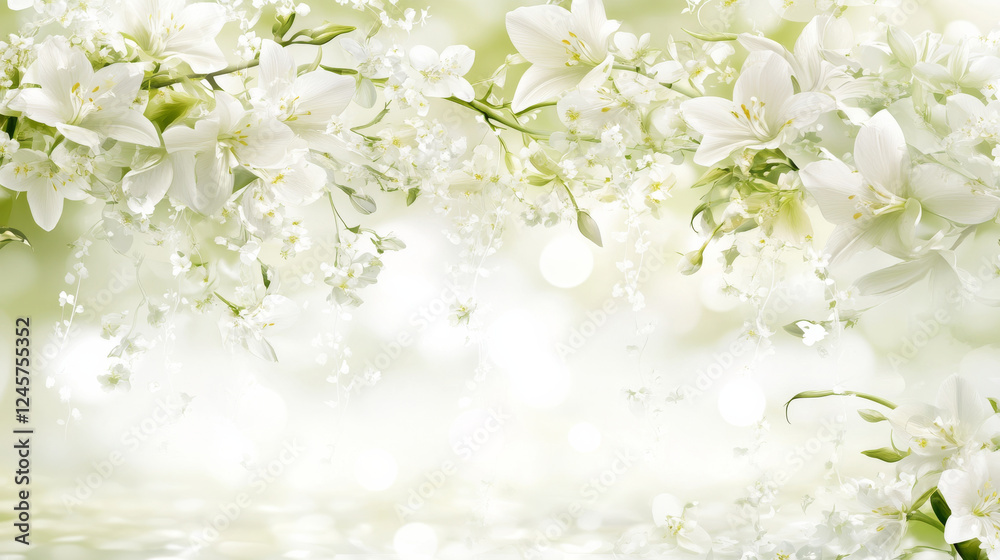 Obraz premium White lilies and delicate blossoms on soft green background