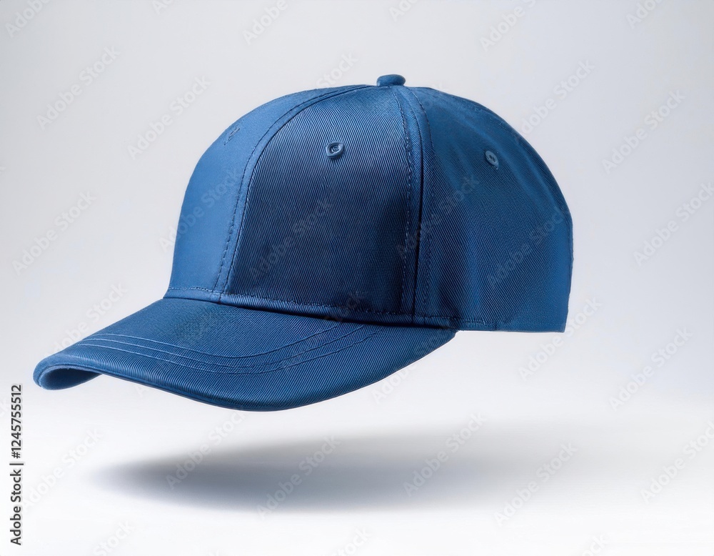 blue baseball cap mockup floating in the air isolated on white background