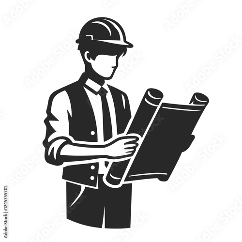 A construction foreman worker studying blueprints with a helmet and formal attire.