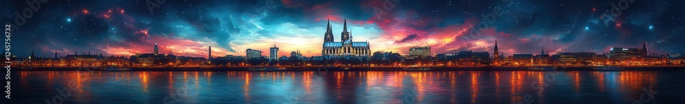 Naklejka premium Night View of Cologne Skyline with Cathedral and Hohenzollern Bridge Over Rhine River