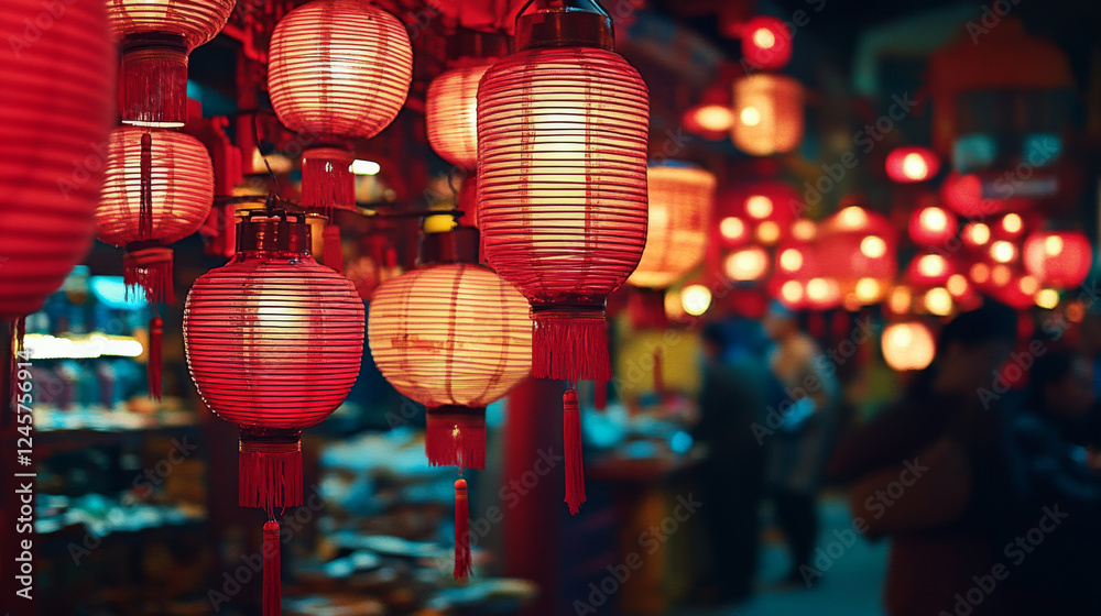 Obraz premium Red lanterns illuminate festive street scene