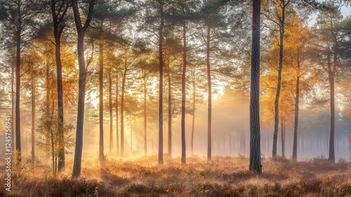 A misty forest at dawn, with tall trees covered in morning fog and diffused soft light, creating a bright background