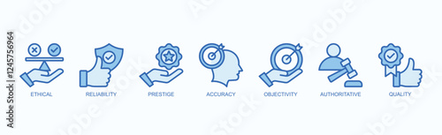 Principles Of Excellence And Integrity Icon Set Isolated Vector Illustration Concept With Icon Of Ethical, Reliability, Prestige, Accuracy, Objectivity, Authoritative, Quality In Blue Style