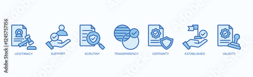Key Pillars Of Trust And Credibility Icon Set Isolated Vector Illustration Concept With Icon Of Legitimacy, Support, Scrutiny, Transparency, Certainty, Established, Validity In Blue Style