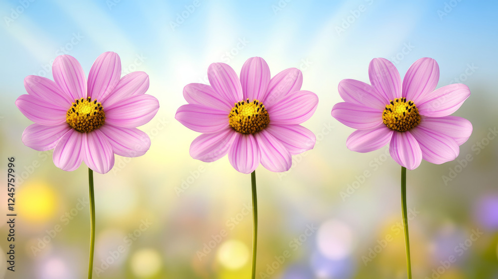 Three pink flowers with yellow centers in sunlight Three pink flowers with yellow centers in sunlight