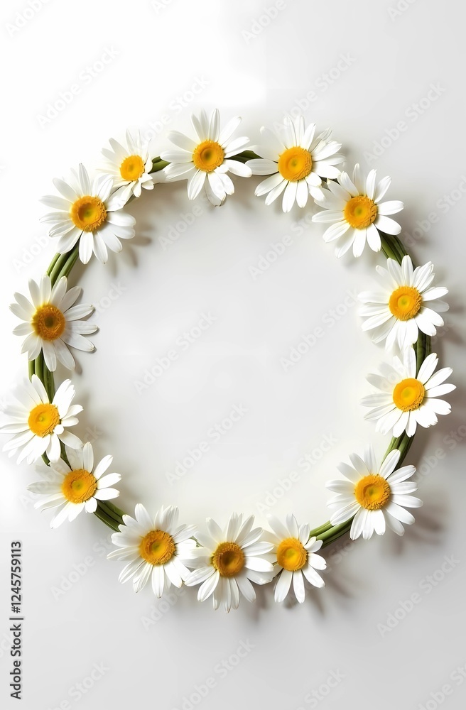 Obraz premium Wreath of spring daisies and daisies, flat surface, pastel background, simple and minimalistic floral design, postcard