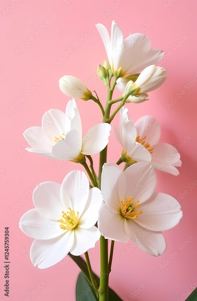 White flowers on pastel pink background, minimalist interior design White flowers on pastel pink background, minimalist interior design