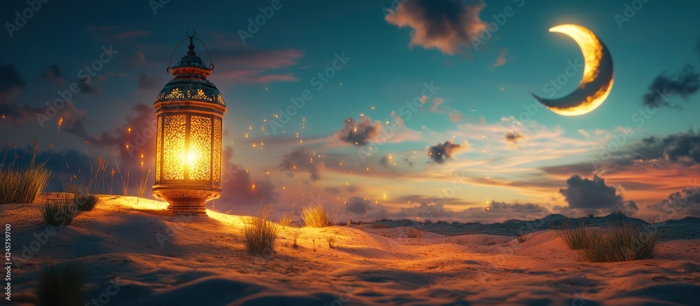 Fototapeta premium Desert Lantern Sunset Crescent Moon
