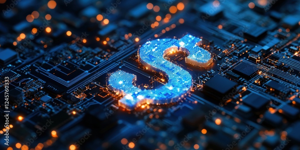 Fototapeta premium Glowing Dollar Symbol Embedded in a Circuit Board, Representing Technology, Finance, and Digital Innovation in Modern Economy