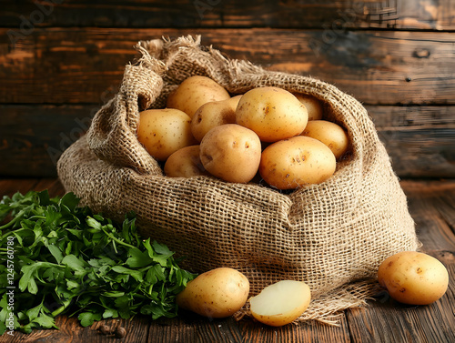 Fresh potatoes in burlap sack, wooden background. Food photography for recipe blogs photo