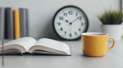 Daylight Savings concept. Cozy Morning Workspace with Coffee and Open Book on Desk