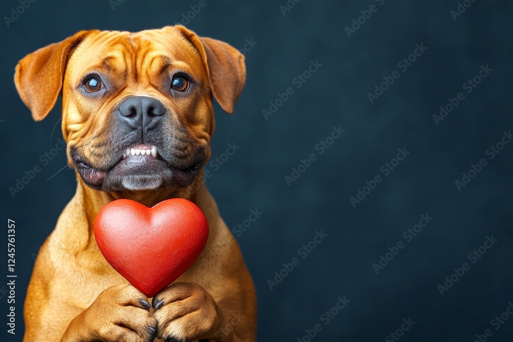 Ad conceptual art. Boerboel - my treasured dog. Cute boerboel pooch with diamond red heart - sign of love, funny greeting card. Dog and heart. Valentine's day dog gifts. Heart-shaped toys.