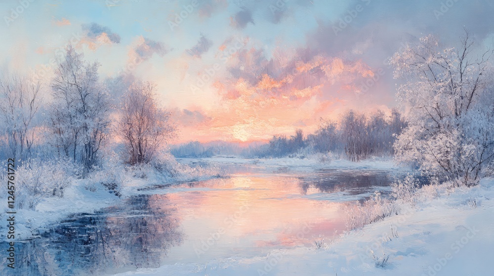 A scenic winter sunrise with soft pastel colors reflecting off a snowy landscape A scenic winter sunrise with soft pastel colors reflecting off a snowy landscape