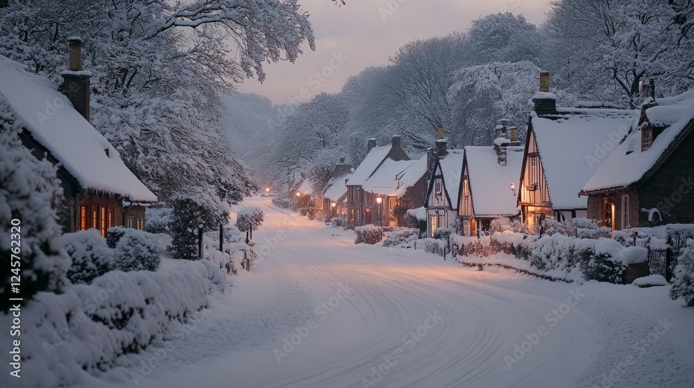 Fototapeta premium A serene winter evening with snow-covered houses, softly lit windows, and a peaceful village street