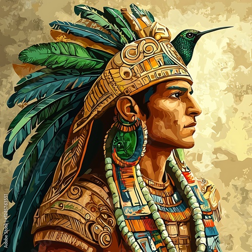 Majestic Aztec Warrior with Hummingbird Headdress - Profile Portrait. photo