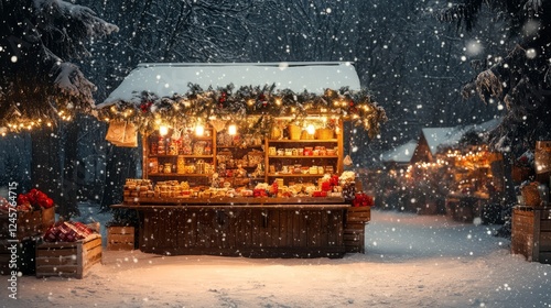 A traditional winter market stall selling handmade crafts and hot drinks, surrounded by snow  photo